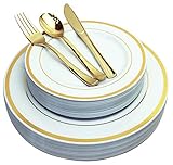 125 Piece Gold Plastic Plates & Cutlery Set - Reusable & Recyclable - Gold Rim Plates & Silverware for Weddings, Anniversaries, Showers, Parties - Dinner Plates, Salad Plates, Utensils, 25 Each