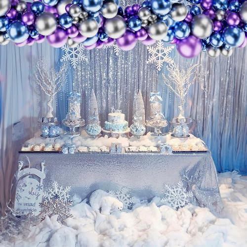 Image of Metallic Purple and Blue Balloons, 60 Packs 12 Inch Chrome Blue Purple Silver Balloon with Ribbons for Space Birthday Party Decorations