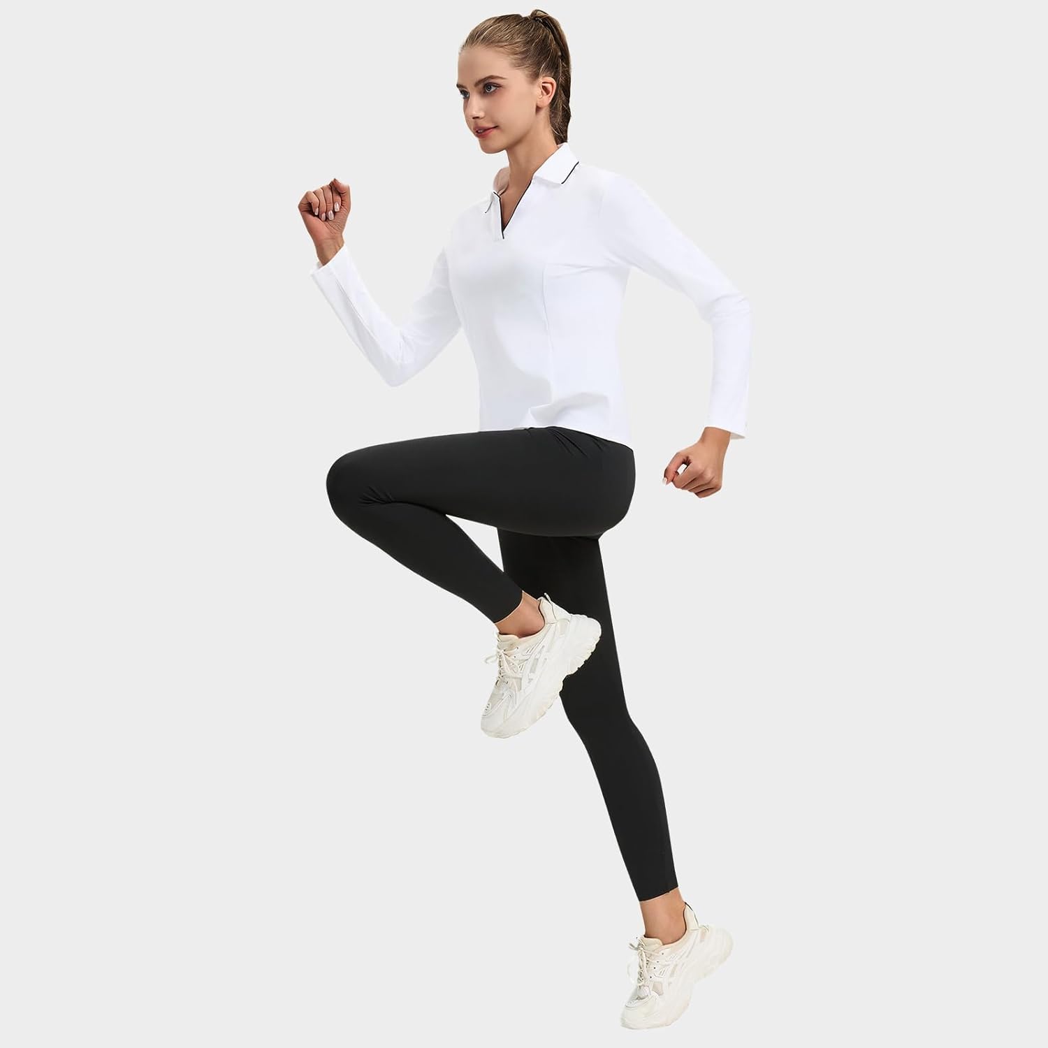 Turnhier Womens Long Sleeve Golf Polo Shirts Quick Dry Collared V Neck Cropped Tennis Athletic Workout Tops