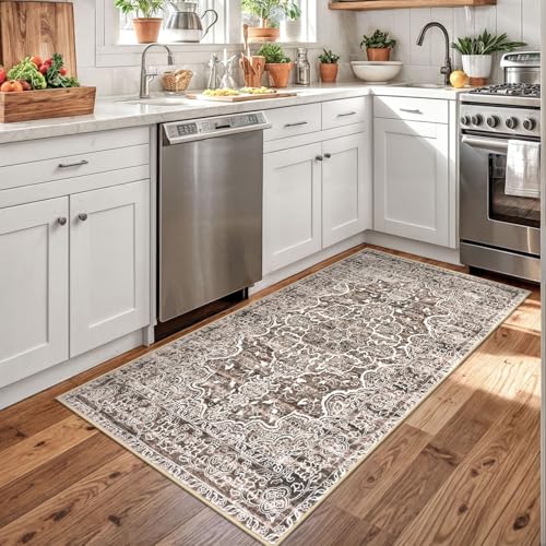 KUTA Vintage Floral Rug 3x5 Area Rugs for Living Room Brown Washable Kitchen Carpet Non-Slip, Ultra Soft Printed Distressed Tribal Entry Low-Pile Throw for Bedroom Home Décor