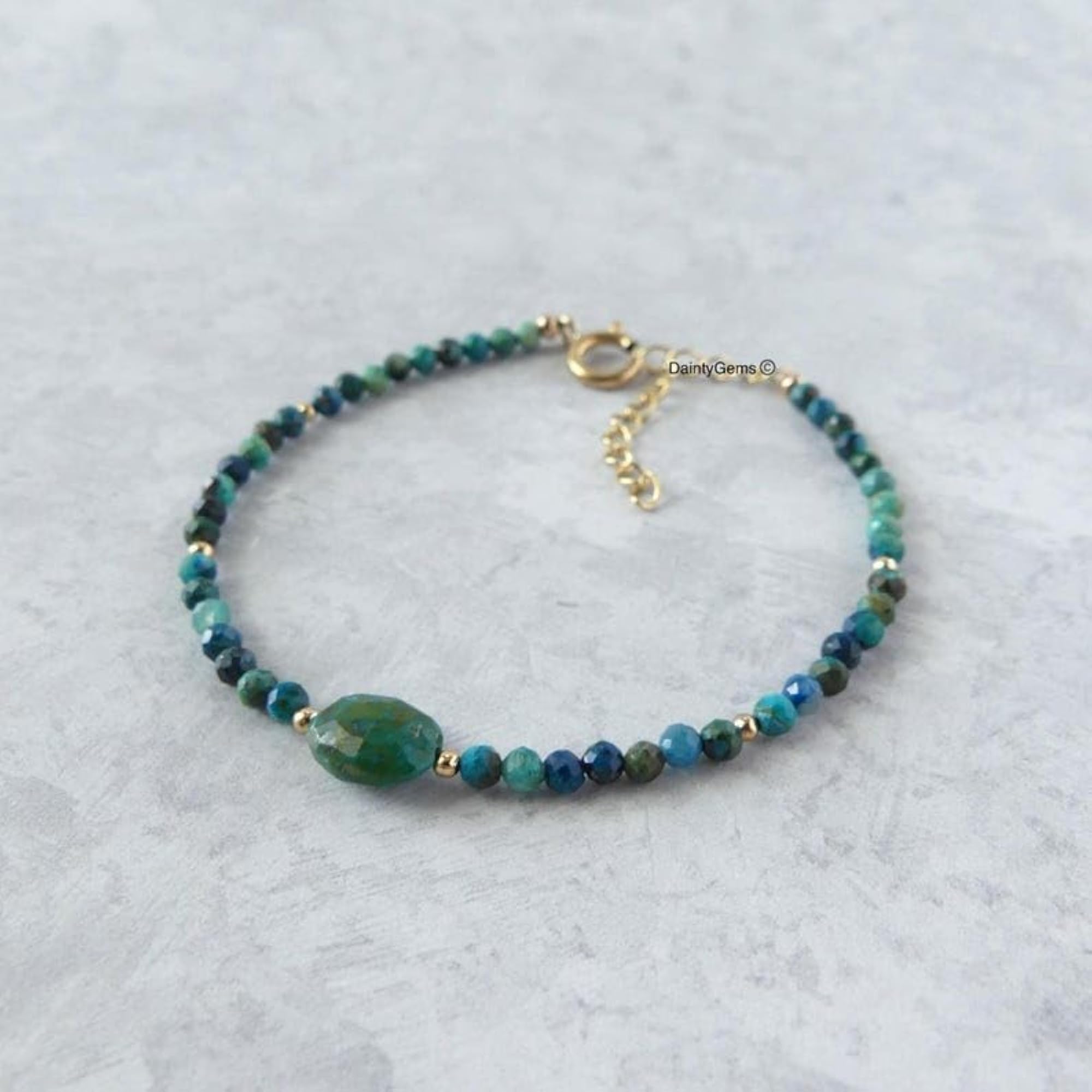 Chrysocolla Round Beaded Bracelet, Adjustable Rose Gold Lock