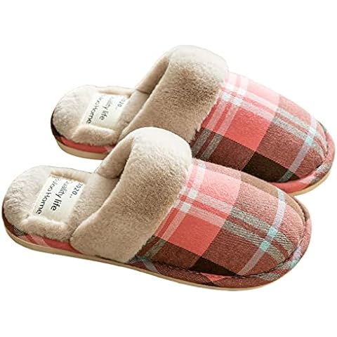 AONETIGER Ladies Cozy Faux Fur Slippers Slip-on Memory Foam Slippers for Women Anti-Skid House Slippers with Tartan(Size 6.5/7.5UK,Pink) Cover