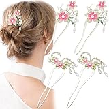 4 Pcs Flower Hair Sticks Pearl Butterfly Hair Pins Chinese Hair Chopsticks for Buns Metal Floral Hairpin Classic Vintage Flower Ornament Jewelry Accessories for Women Girls