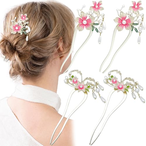 4 palillos de pelo con diseño de flores y perlas y mariposas, palillos chinos para moños, horquilla floral de metal, clásico, adorno de flores, accesorios de joyería para mujeres y niñas