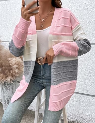 Womens Oversized Cute Color Block Striped Long Cardigan Spring Trendy Chunky Ribbed Knit Open Front Sweater 20252