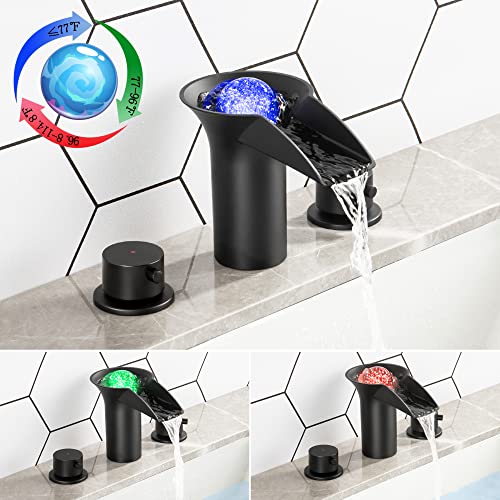 Dolgaba Led Bathroom Sink Faucet 3 Hole Waterfall Vanity Faucet 8 Inch Widespread Faucet Lights Color Changing, Matte Black #TOP1