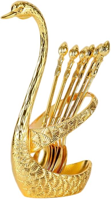 6pcs Small Espresso Spoons with Swan Base Holder, Mini Gold Dessert Demitasse Spoons with Metal Coffee Spoon Holder Set for Sugar, Ice Tea, Spices Flatware Organizer