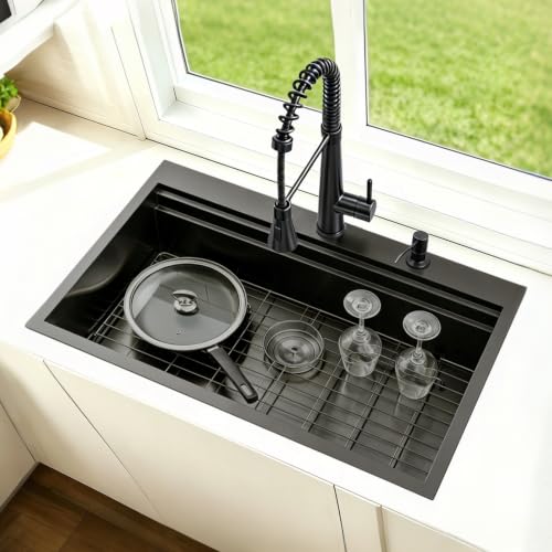 Image of SHACO 33x22 Black Drop In Kitchen Sink, 33 Inch Topmount Gunmetal Black Stainless Steel Single Bowl Overmount Double Ledges Workstation Sink with Accessories