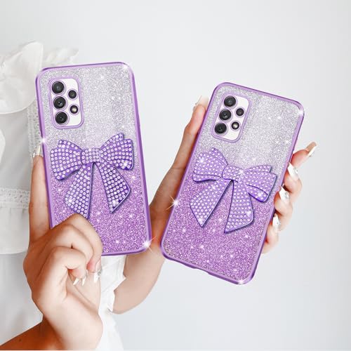 TSAYGFK Capa compatível com Galaxy A72 para meninas e mulheres, cristal TPU macio, brilhante, fofo, com glitter, laço 3D com cordão, capa protetora à prova de choque para Samsung A72 4G/5G, violeta