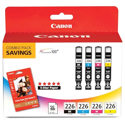 Canon CLI-226 Genuine Color Pack with 50 Photo Paper Sheets, Compatible with iP4820, MG5220, MG5120, MG6120, MG8120, MX882, iX6520, iP4920, MG5320, MG6220, MG8220, and MX892 Printers
