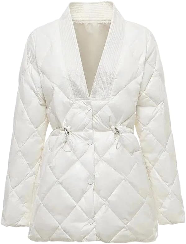 Women Down Cotton Jacket Autumn Winter V-Neck Waist Design Cotton Padded Parka