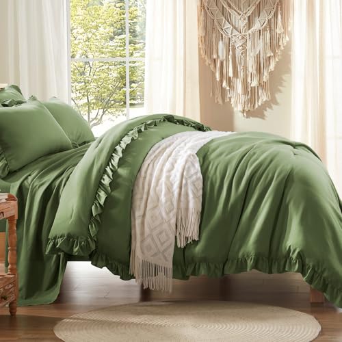 Anluoer Full Comforter Set 7 Piece, Olive Green Bed in a Bag with Shams, Pillowcases, Flat Sheet, Fitted Sheet - All Season Ruffle Shabby Chic Bedding Sets by Anluoer - Image 3