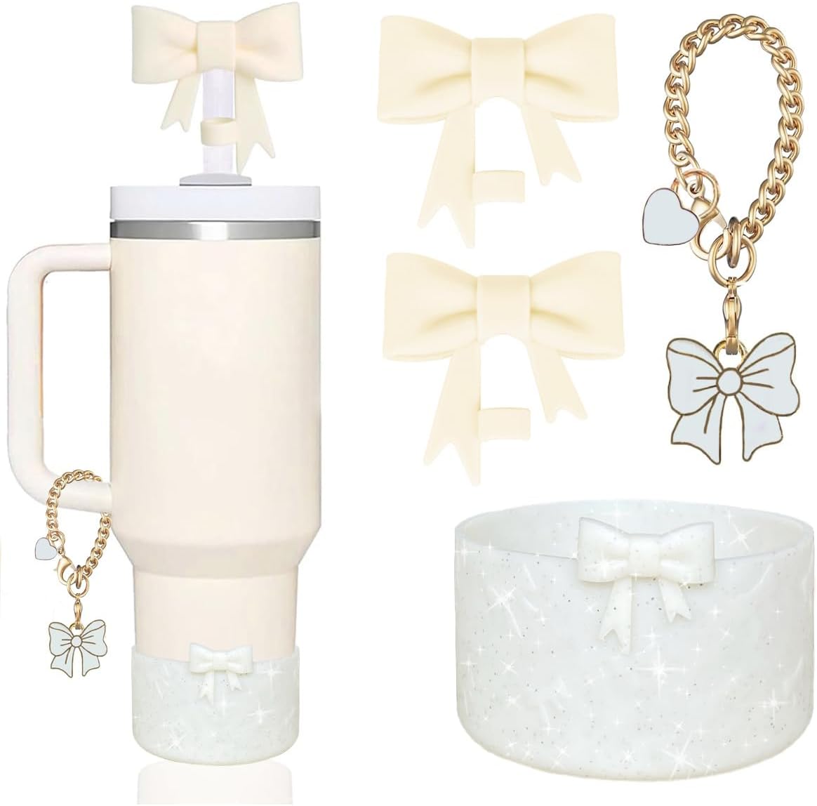 Accessories Set for Stanley Cup,2Pcs Bow Straw Cover Caps Straw Toppers,1Pcs Cute Bow and Heart Handle Charm and 1Pcs Bow Bling Silicone Boot for Stanley 30&40oz Tumbler (Black)