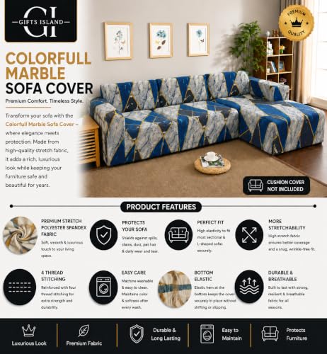 Image of Gifts Island Premium 160GSM Super Soft Colorfull Marble Stretchable Sofa Cover L Shape 6 Seater Fully Covered | Suitable for Both Left and Right Side Chaise Sofa (Colorfull Marble, 3+3 Seater)