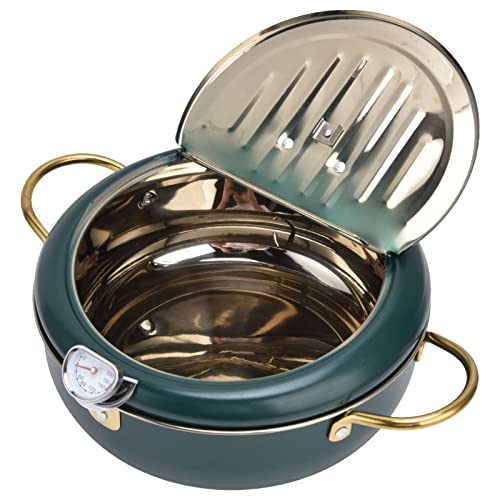 Deep Fryer Pot, 304 Stainless Steel Japanese Style Deep Fryer,Frying Pan with Thermometer,Home Tempura Fryer Pot for Frying French Fries, Shrimp, Chicken Steak, Squid, Biscuit, Meatballs(Black Green)