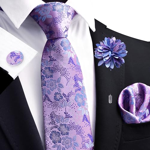 Image of GUSLESON 3.15 inch（8cm） Mens Floral Tie and Lapel Pin Necktie Hankerchief Cufflinks Set for Men