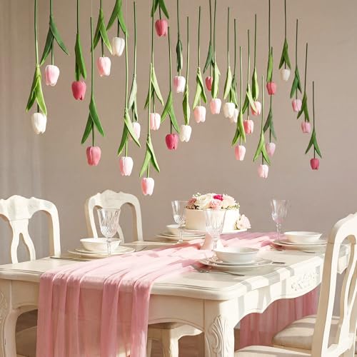 FineCheer 12 Pack 3 Colors 5 ft Artificial Tulips Hanging Flower Garland Decorations Spring Summer Dangling Faux Tulip Floral Vine Strings with Hooks for Wall Ceiling Wedding Tea Party