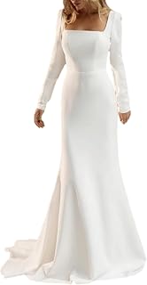 Mermaid Minimalist Formal Wedding Dress Square Neckline Sweep Train Long Sleeves Bridal Gown Button 2025