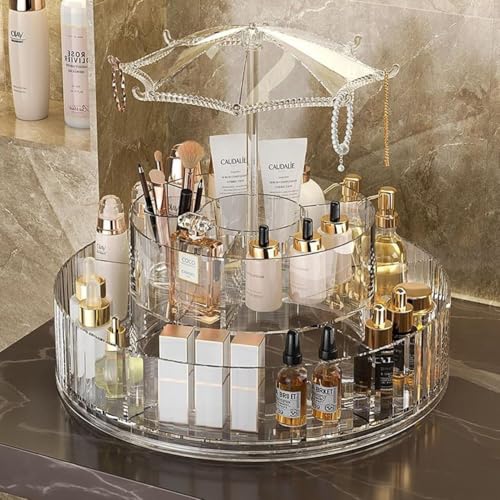 Image of 360 Degree Rotating Makeup Organizer with Jewelry Hooks, Large Acrylic Cosmetic Storage Rack for Skincare Products, Perfumes, Makeup Brushes, and Accessories (Pack of 1)