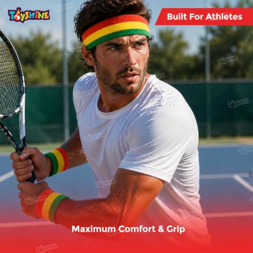 Image of Toyshine Cotton 3 Pieces Sweatbands Set, Includes Sports Headband And Wrist Sweatbands Striped Sweat Band For Athletic Men And Women - Orange Yellow Green