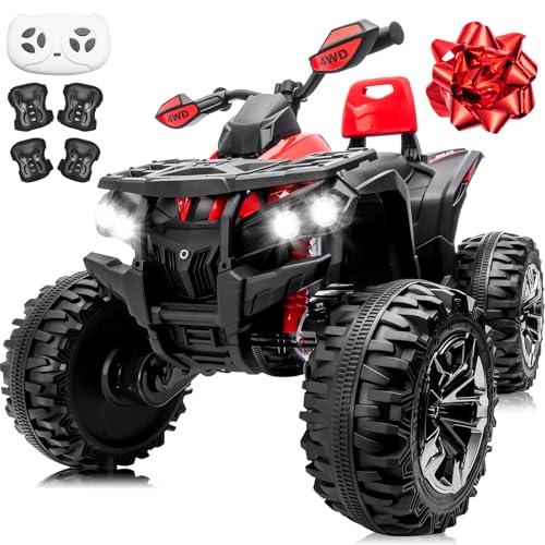 24V 2 Seater Ride on Car for Big Kids, MOEYURO 4x4 Kids Quad ATV 800W Powerful Engines, 9AH Battery Powered Electric Vehicle w/Pull Bow, Kneepads, Bluetooth Music for Boys Girls, Red