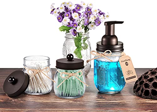 Farmhouse Rustic Decorative Mason Jars, Bathroom Vanity Storage Organizer Canisters,Cute Glass Apothecary Jars With Stainless Steel Lid For Cotton Swabs,Rounds,Balls,Floss Picks,4 Pack (Clear/Bronze) #TOP5