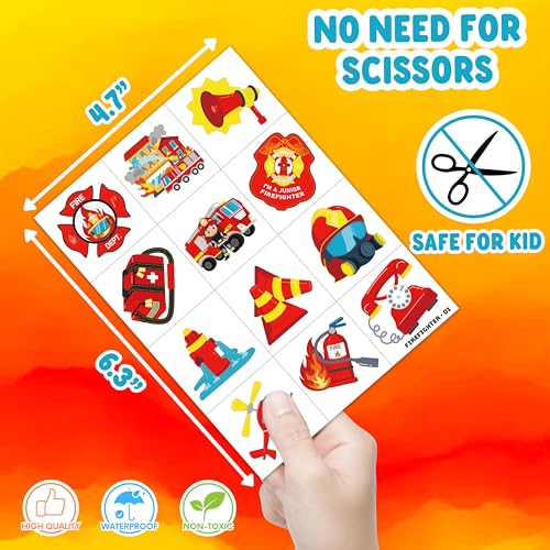 Image of 96 PCS Firefighter Firetruck Pre-Cut Temporary Tattoos for Kids | | Super Cute Themed Birthday Party Favors, Supplies, Decorations, Fake Tattoo Stickers Rewards & Gifts For Boys & Girls