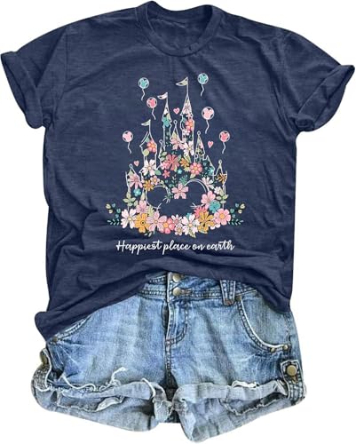 Magical Shirt for Women Happiest Place On Earth T-Shirt Balloon Flower Graphic Short Sleeve Tops Holiday Tee