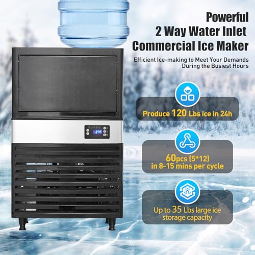 Image of Commercial Ice Maker Machine, 120lbs /24H Stainless Steel Under Counter ice Machine with 30lbs Ice Storage Capacity, Freestanding Ice Maker for Home Bar Outdoor, 2 Way Water Inlet