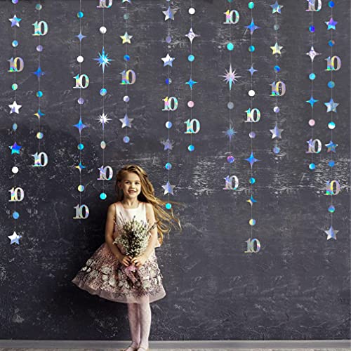 Image of Iridescent 10th Birthday Decorations Number 10 Circle Dot Twinkle Star Garland Metallic Hanging Streamer Bunting Banner Backdrop for Girls Boys Ten Year Old Birthday 10th Anniversary Party Supplies