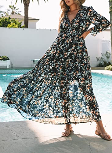 Image of BLENCOT Womens Casual Boho Floral Printed V Neck Long Sleeve Long Maxi Dress Spring Summer Dresses