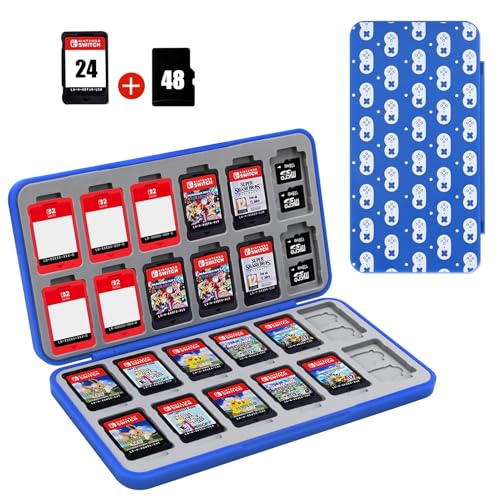 Image of FYY Nintendo Switch Game Case Holder for Switch 2 Cartridge Case with 24 Game Card Slots & 48 Micro SD Card Slots, Hard Shell, Silicone Lining Navy Gamepad Dot Pattern