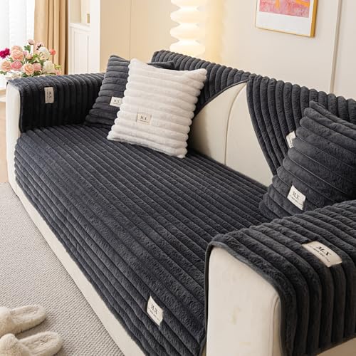 tianxinbaobei Faux Fur Couch Cover,Non-Slip Striped Plush Sofa Cover,Rabbit Plush Couch Cover (Black,36