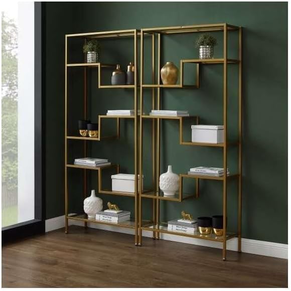 Modern Glass Etagere Set - 2 Piece Gold Display Shelves - Home & Office Decor