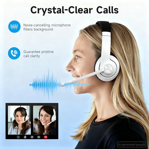 Image of AOC Wireless Headset with Mic for Work with Noise Cancelling Mic for Clear Calls, 30H Playtime PC Bluetooth Headphones and Multipoint Connect to Laptop Computer and Mobile, Wired or USB Dongle- White
