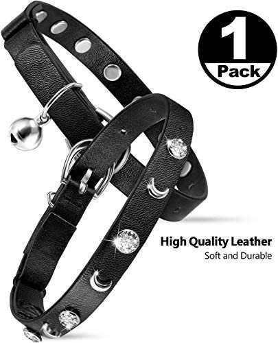 Leather Cat Collars Bell,Cats Safety Collar With Elastic Strap, Adjustable Kitty Collar For Cats, Personalized Moon & Rhinestone 7-10 Inch Length For Cats, Kitten & Puppy (1 Pack Black) #TOP1