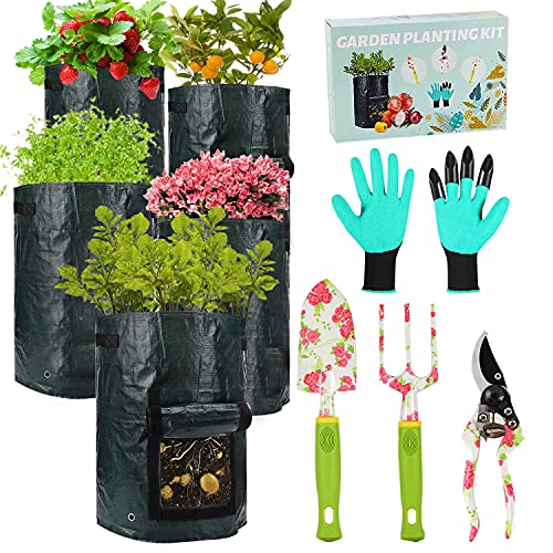 Gardening Tools Set - 9 PCS Heavy Duty Garden Tools, 5 PCS 10 Gallon Grow Bags + 4 Aluminum Garden Hand Tools with Gardening Gloves, Best Gardening Gift for Men Women Momâ€¦