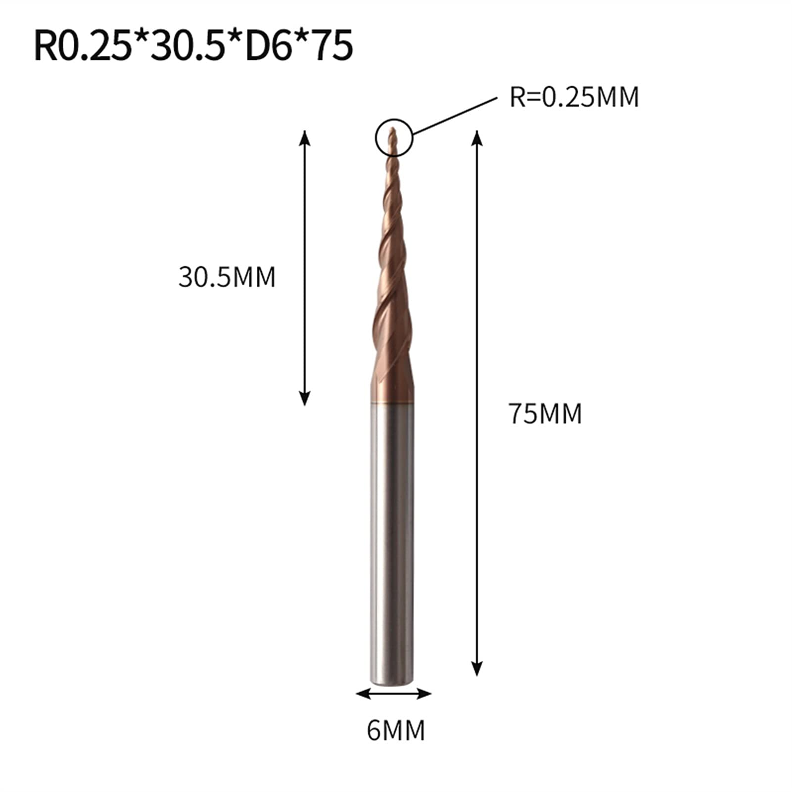 TTT Espiga Tungsteno Bola Nariz Taper Fin Mill Router Bit CNC Madera Fresado Cortador 4mm 6mm (Size : R0.25X30.5XD6X75L)