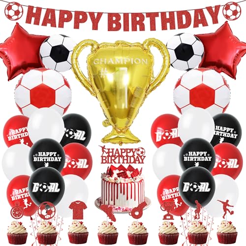 Fußball-Geburtstagsdekorationen, Tortenaufsatz, Fußball-Partyzubehör, Folienballons, Cupcake-Topper, Happy Birthday-Banner für Jungen, rote Sport-Motto-Party-Dekoration für Kinder und Fans