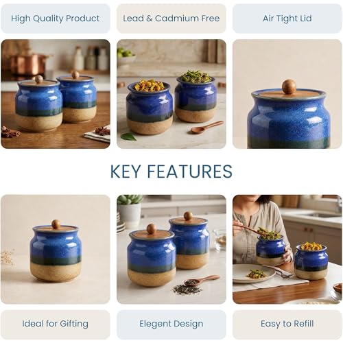 Image of The Earth Store Rustic Blue Ceramic Jar Set of 2 (800ML) kitchen storage containers, airtight jars for kitchen, Ideal for Spices, Sugar, Cookies & Pickle Storage