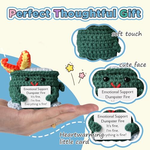 Image of RovyFota Emotional Support Crochet Dumpster Fire with Positive Card Cute Room Decor Knitted Toys Funny Crochet Support Buddies Gifts for Friends (Green&Pink&Blue&Purple)