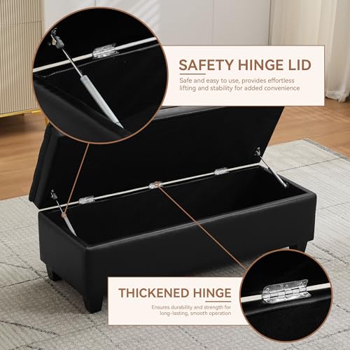 Image of WUTUTUEE 50 inch Faux Leather Storage Ottoman Bench, End of Bed Upholstered Rectangle Storage Ottoman Tufted Living Room Bedroom Bench with Safety Hinge, Solid Wood Legs, Loads 500 lb(Black)