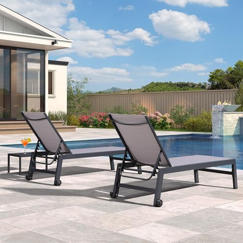 Image of PURPLE LEAF Outdoor Chaise Lounge Set of 4 Aluminum Patio Chair with Wheels and Side Table Pool Chaise Lounge Chair for Outdoor Backyard Poolside Light Grey (4 Chairs W /Table)