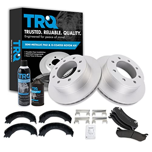 Image of TRQ Rear Metallic Brake Pad & Coated Rotor with Parking Shoe w /Chemicals Compatible with GM