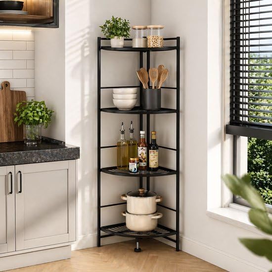 Eckregal 4 Einlegeböden – Metall Eckregal 123 cm hoch – Platzsparendes Regal für Küche, Bad oder Wohnzimmer – Schwarz