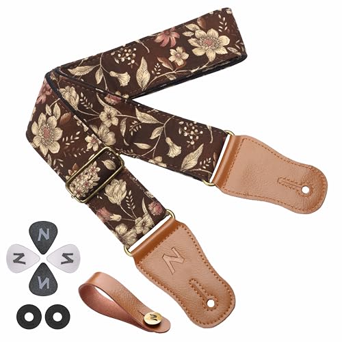 Nefelibata Japanese Cotton Guitar Strap for Acoustic Guitar Ukulele Free Headstock Strap Adapter Guitar Picks and Strap Locks(Pomegranate Flower)