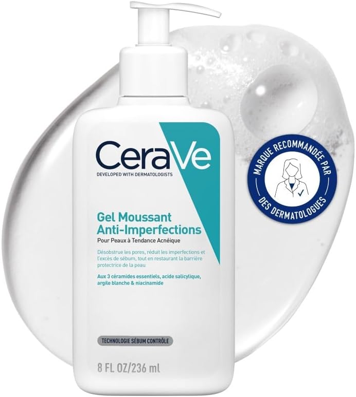 CeraVe - Gel Moussant Anti-Imperfections - Purifie la Peau en douceur et Réduit les Imperfections - Acide Salicylique, Argile Blanche, Céramides et Niacinamide - Peau à Tendance Acnéique