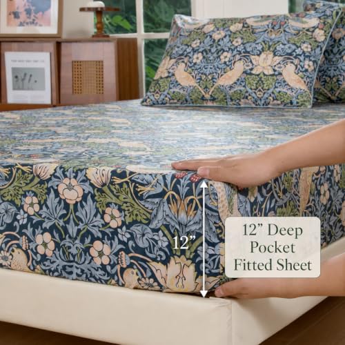 Image of FADFAY Twin XL Sheets Set 4 Piece College Bedding, 100% Egyptian Cotton Floral Bird Dorm Room Bedding, Soft Breathable Dorm Sheets Extra Long with Deep Pocket Luxury Hotel Quality for All Seasons
