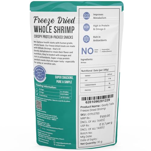 Image of Goofy Tails Freeze Dried Shrimp Cat Treats 30g, Single Ingredient Shrimp Cat Treat, Gluten and Grain Free Treats for Cats, Protein and Omega 3, Antioxidant Rich, Easy to Digest Kitten Treat