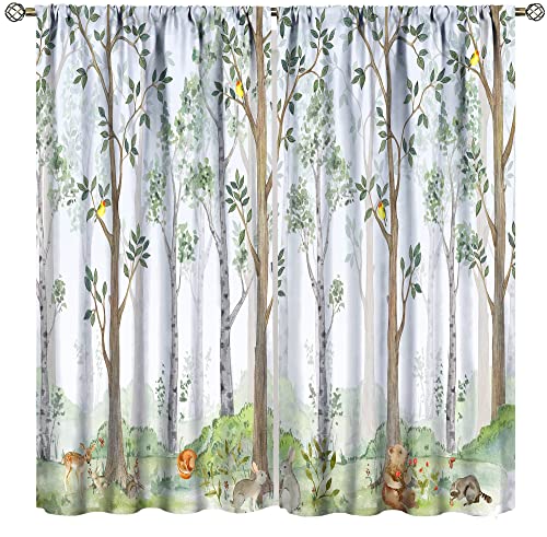 Image of Kids Animal Curtains, Watercolor Natural Forest Animal Hedgehog Fox Butterfly Rabbits Forest Print Curtain Boys and Girl Bedrooms 42x45 Inch
